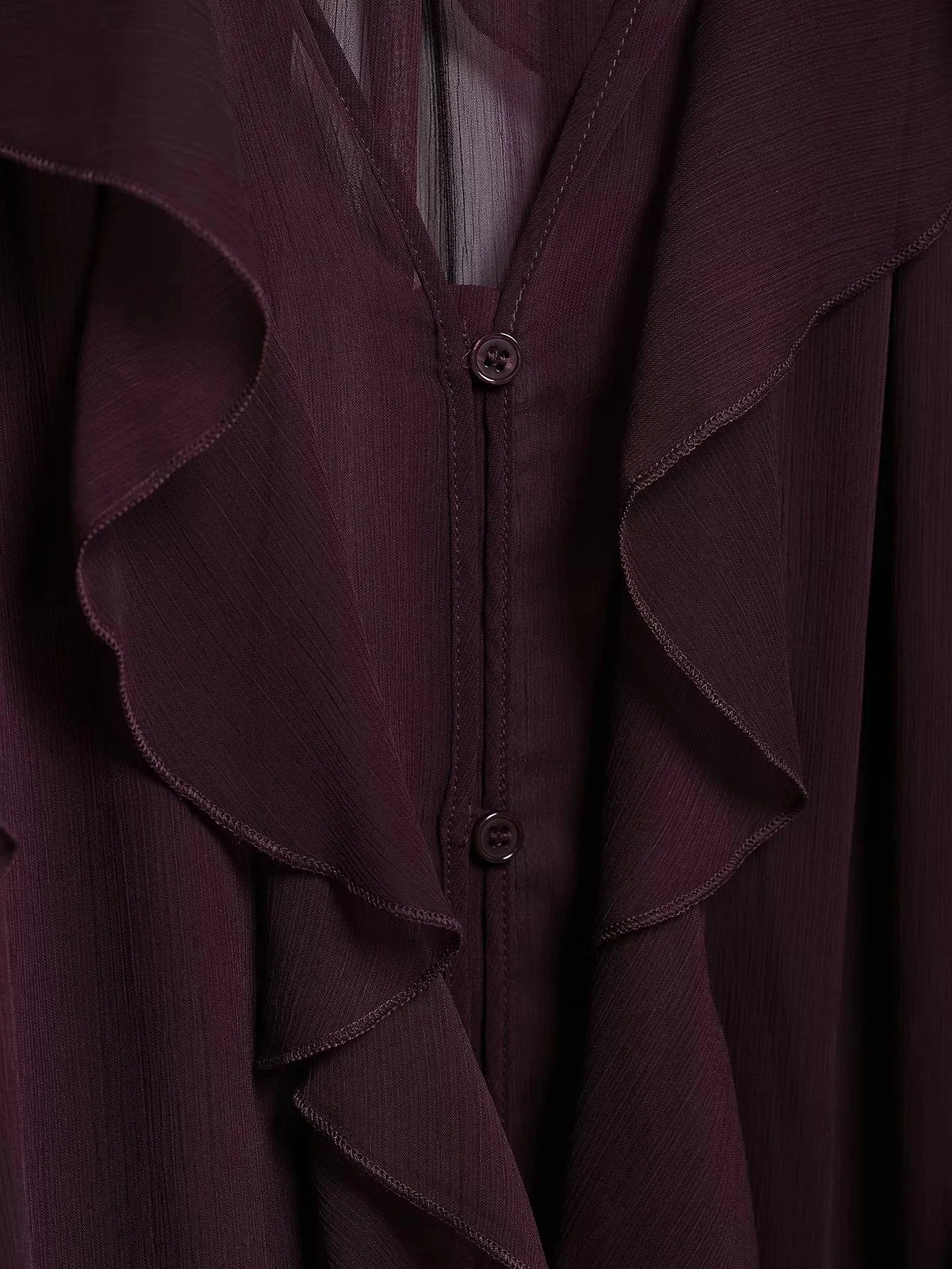Burgundy Mesh Ruffle Blouse for Women Long Sleeve Sheer Loose Fit Elegant Party Top