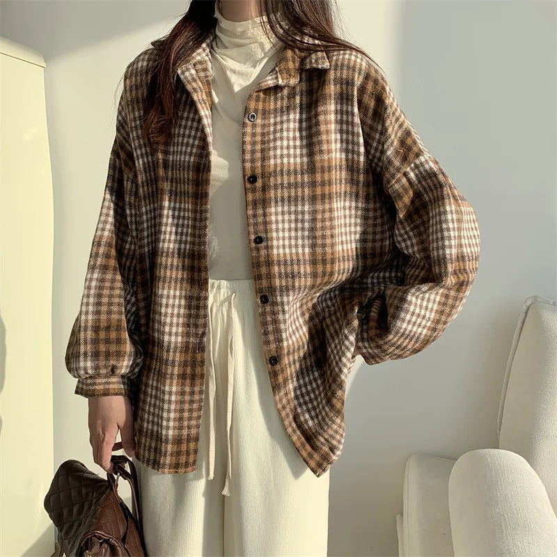Women's Casual Blushed Flannel Shirt Long Sleeve Collared Button Down Plaid Blouse Fall Winter Vintage Top