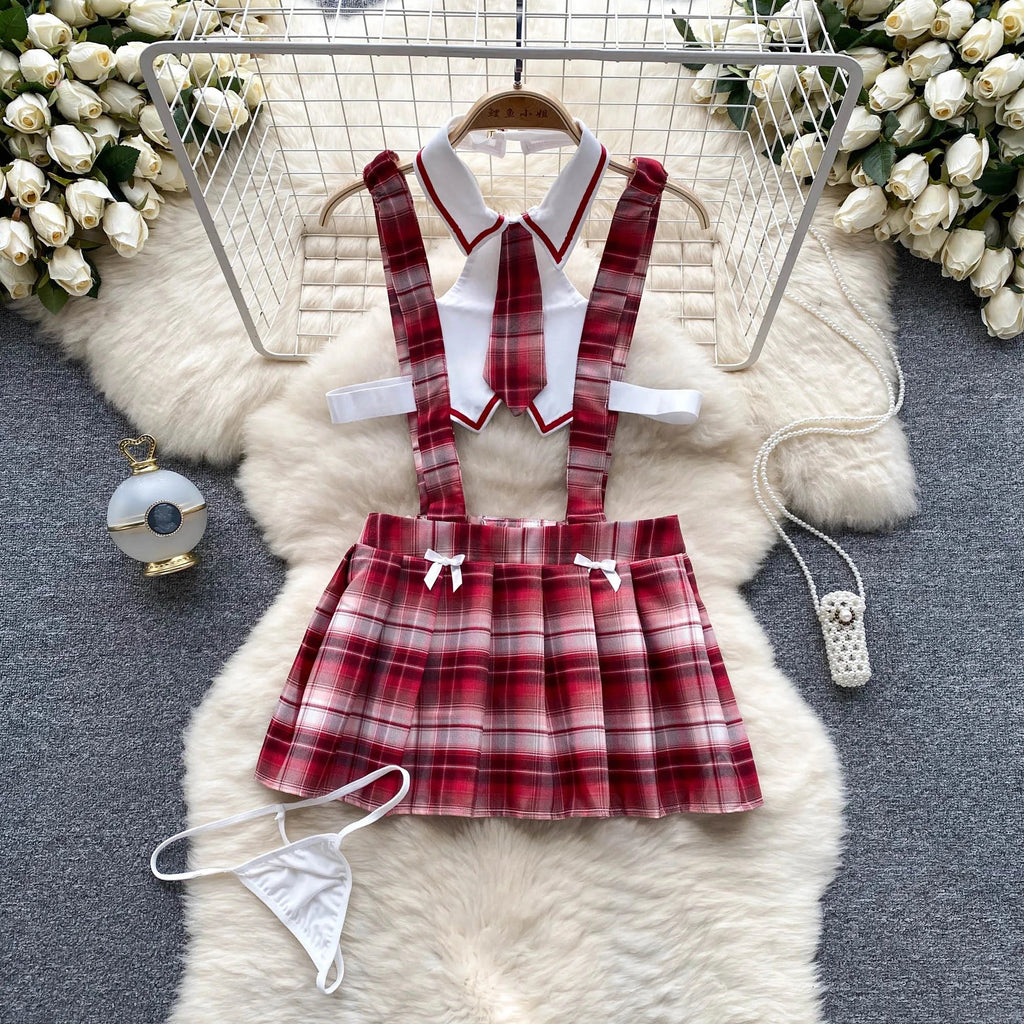Cute Japanese JK Uniform Checkered Skirt Off Shoulder Dress