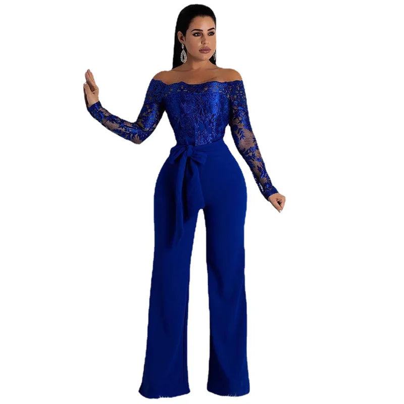 Appliques Lace Patchwork Off Shoulder Jumpsuit for Women with Slash Neck Long Sleeve and Elegant Wide Leg Pants Party Overalls