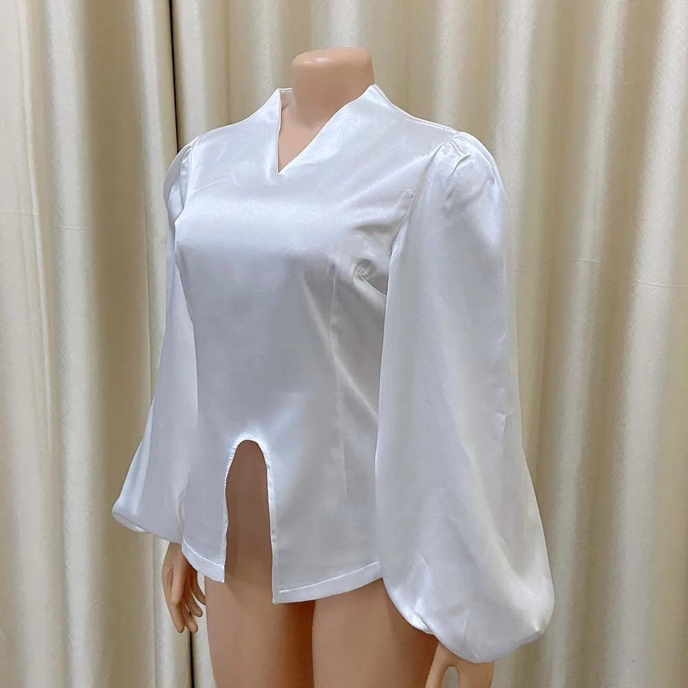 Elegant Satin V Neck Office Blouse for Women Full Sleeve Front Split Luxury Party and Dinner Shirt