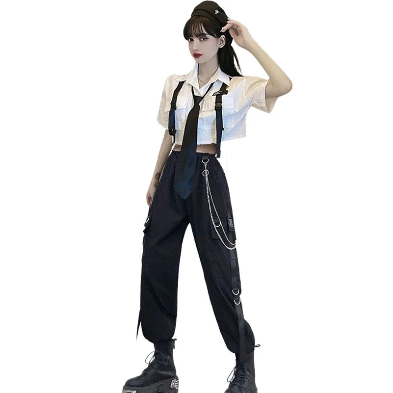 Casual Streetwear Cargo Pants Set with Chain and Harajuku Style Shirt for Women - Two Piece Loose Joggers and Blouse Outfit in Black and White