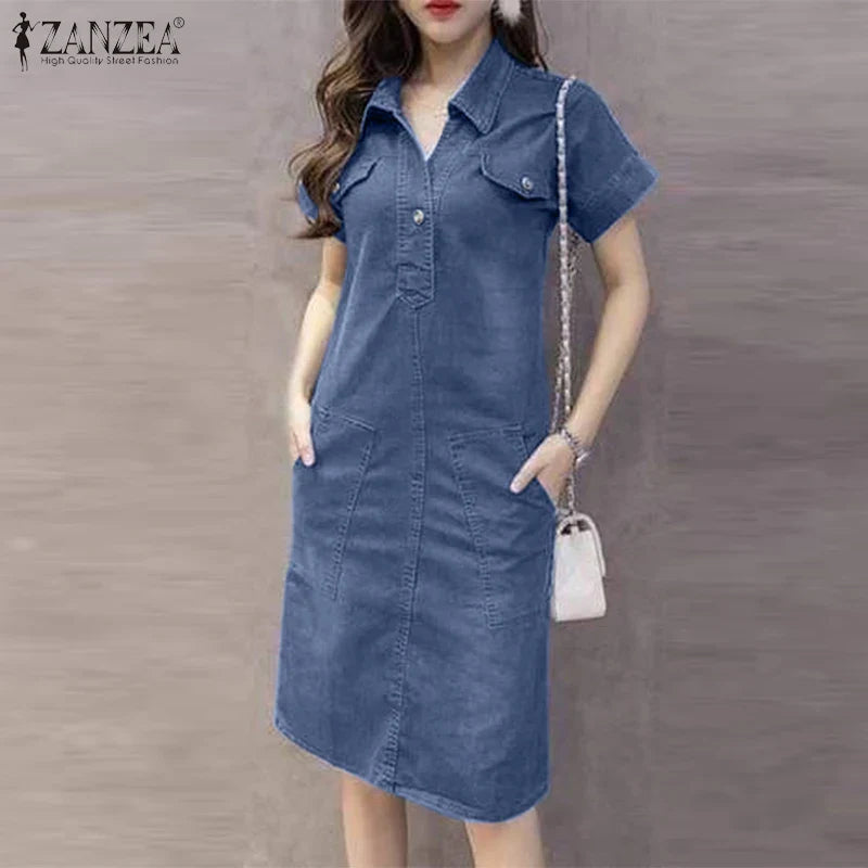Denim Shirt Dress For Women Short Sleeve Summer Sundress
