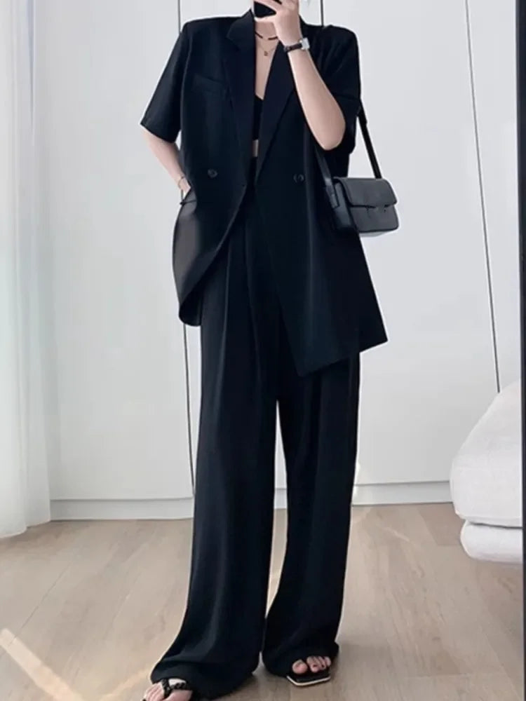 Short Sleeve Wide Leg Pants Blazer Suit Set for Women Summer Business Casual Attire