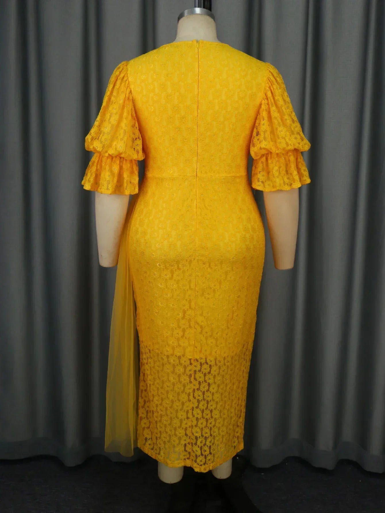 V Neck Lace Dress For Wedding Guest Lantern Sleeves Mesh