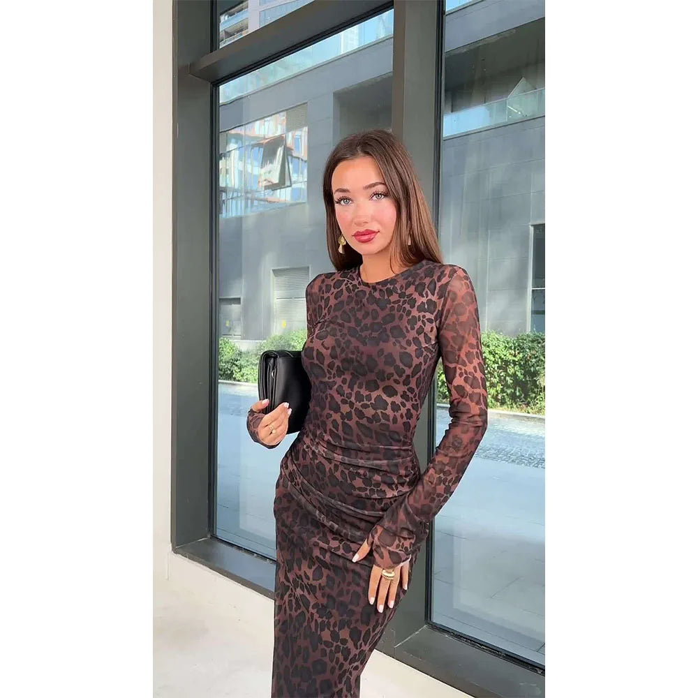 Leopard Print Bodycon Dress Retro Long Sleeve Party Dress
