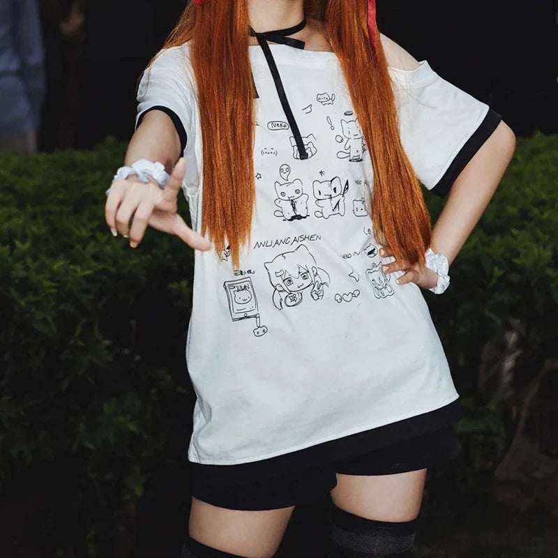 Japanese Y2K Subculture Cute Off-Shoulder White Short-Sleeved Cartoon Print Summer T-Shirt for Women