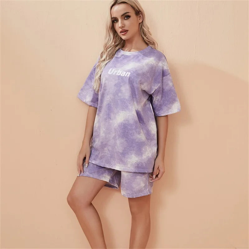 2Piece Women's Tie Dye T-Shirt and Wide Leg Shorts Set Casual Loose Fit Soft Summer Outfit with Pockets