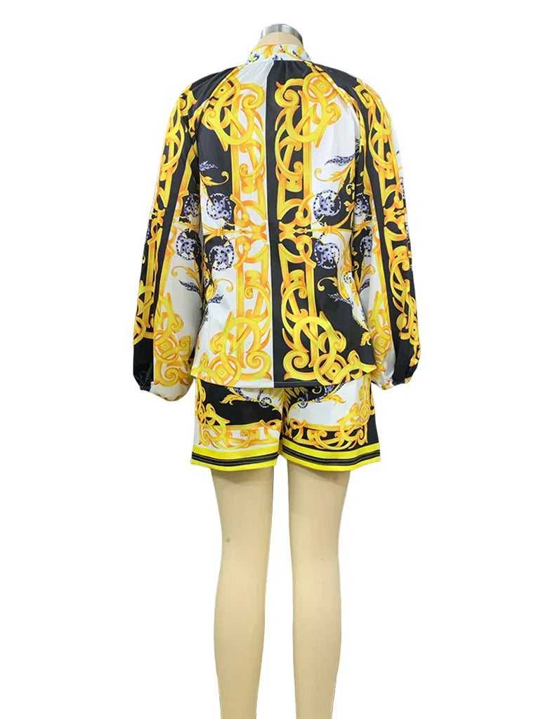 Elegant Two-Piece Women's Set Featuring Stand Collar Long Sleeve Blouse and High-Waist Elastic Shorts Casual Chic Lounge Wear