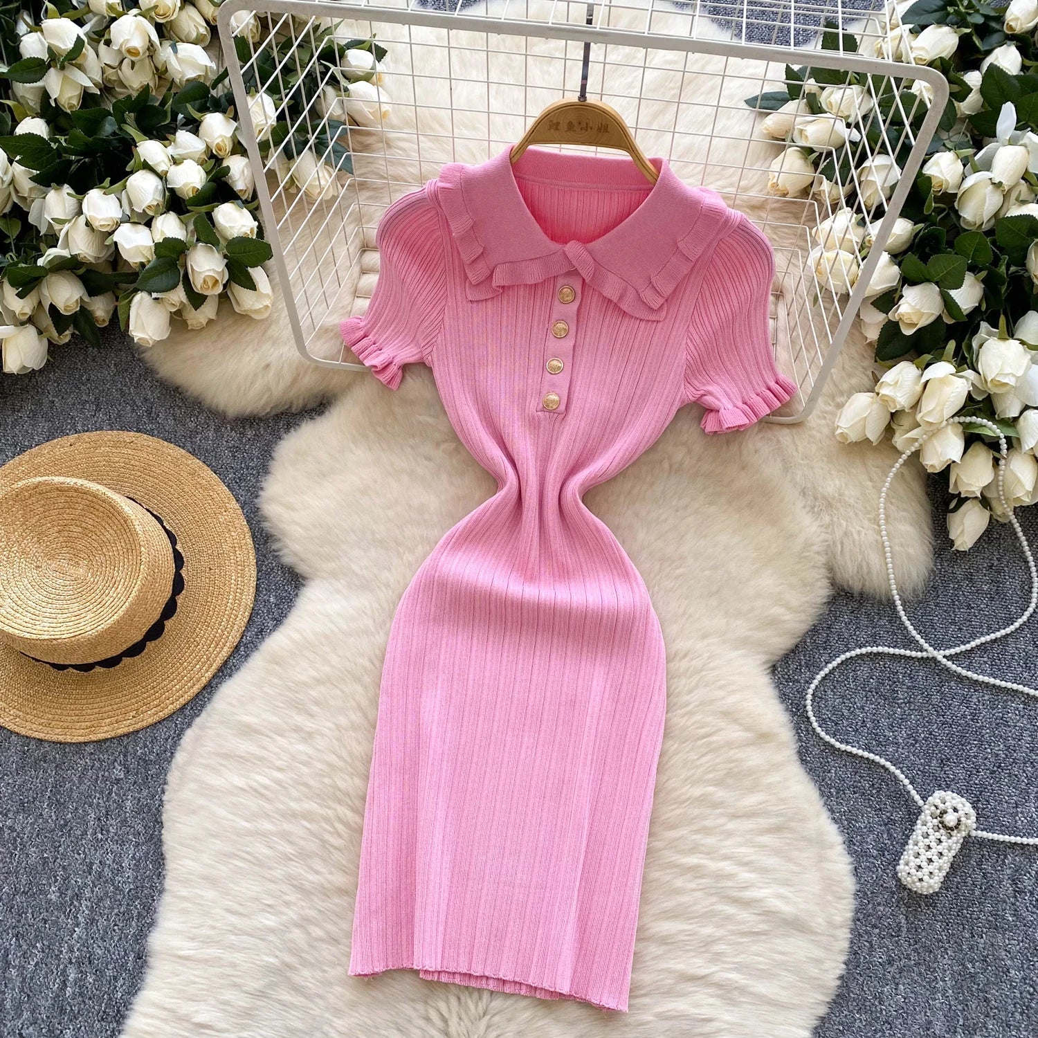 Ruffles Knit Wrap Dress For Women Summer Short Sleeve Casual