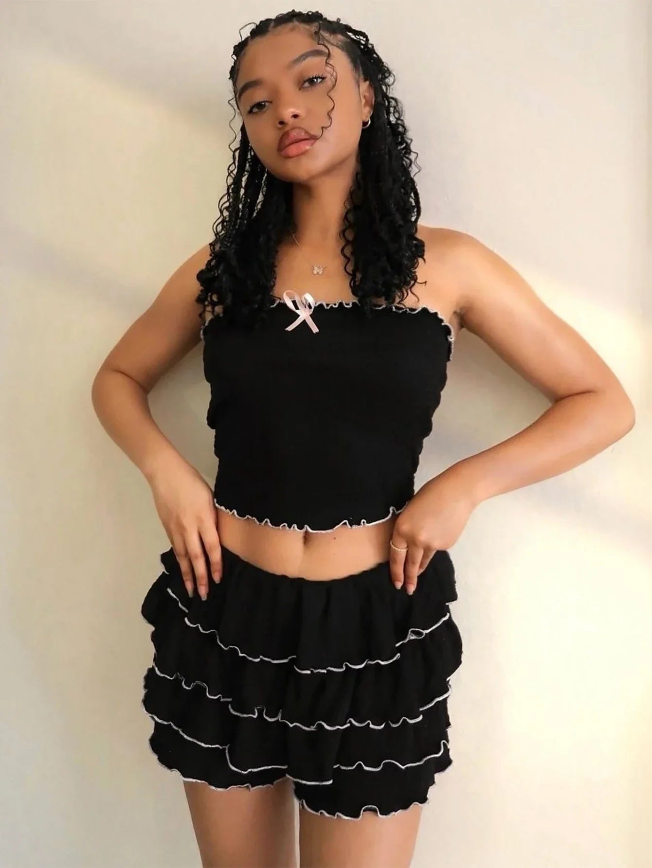 Sexy Matching Tube Top and Ruffled Skirt Set Women Summer Party Club Date Outfit Streetwear Y2K Style