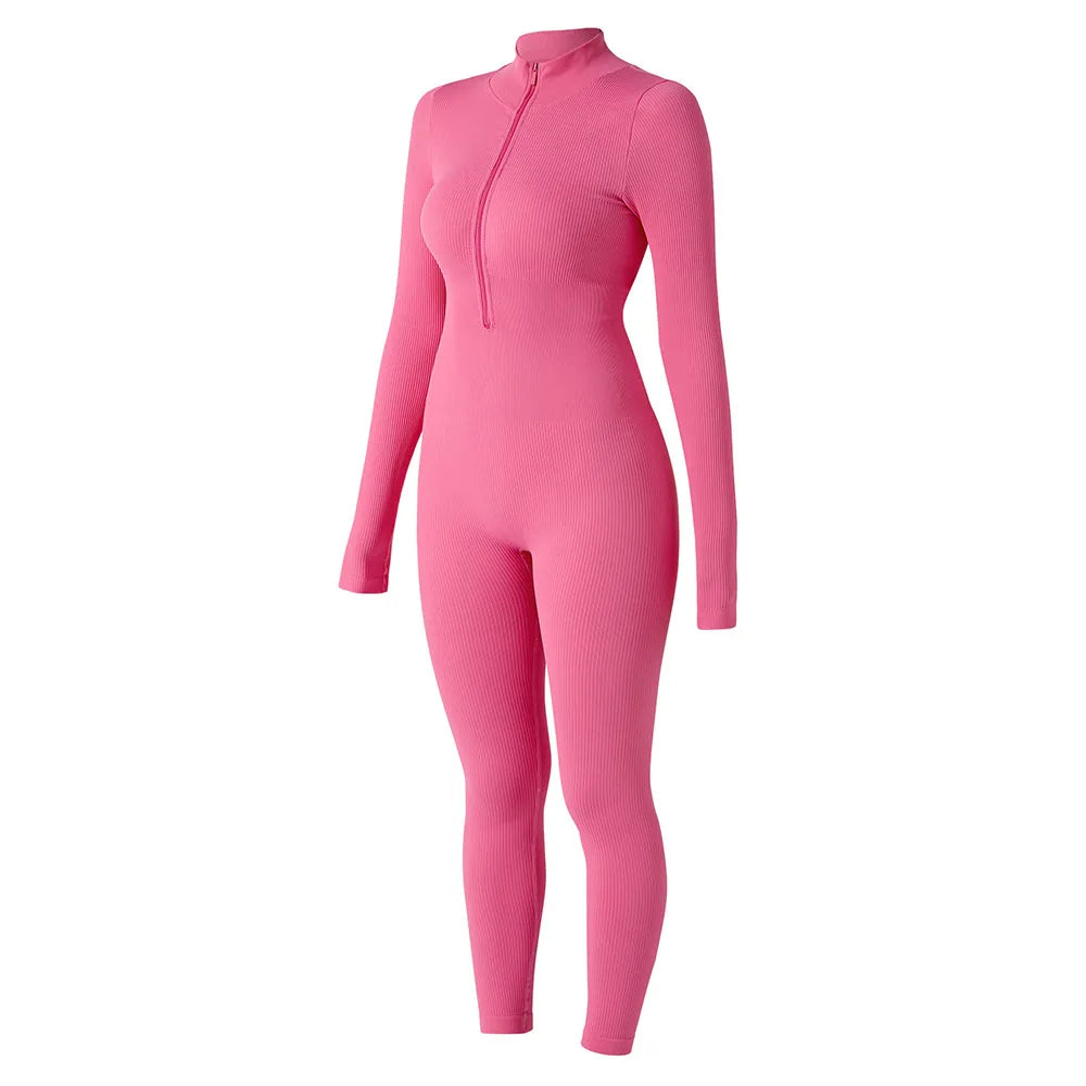 Bodycon Slim Fit Zipper Jumpsuit for Women Casual Brown Fitness Romper Streetwear Playsuit Overall