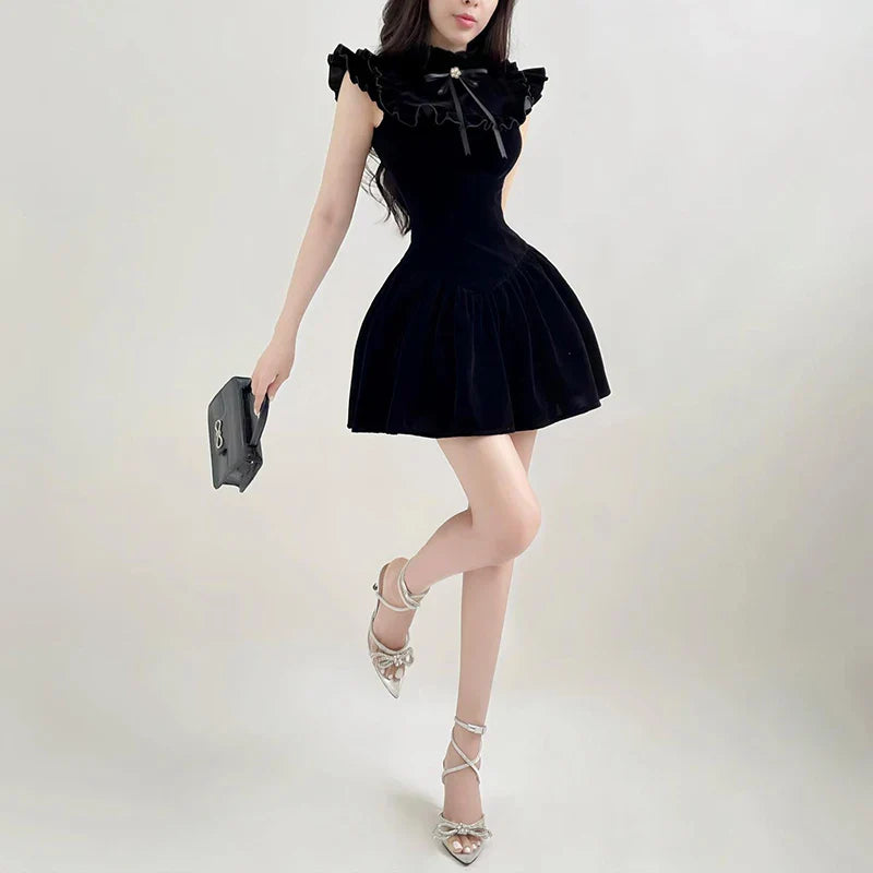 Black Velvet Mini Dress Sleeveless A Line Party Dress