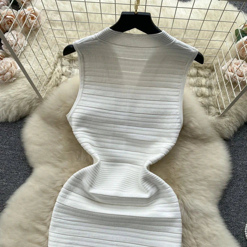 White Knit Tank Dress V Neck Sleeveless Bodycon Wrap Dress