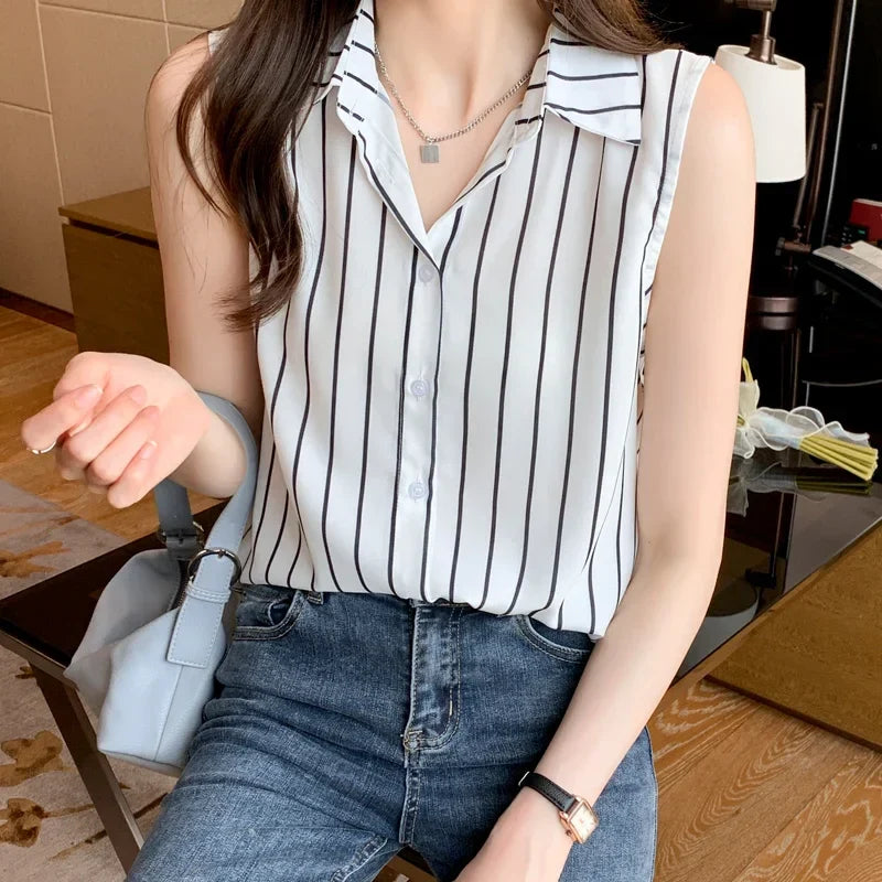 Striped Sleeveless Chiffon Blouse for Women Summer Vest Casual Lightweight Tops Basic White Shirt