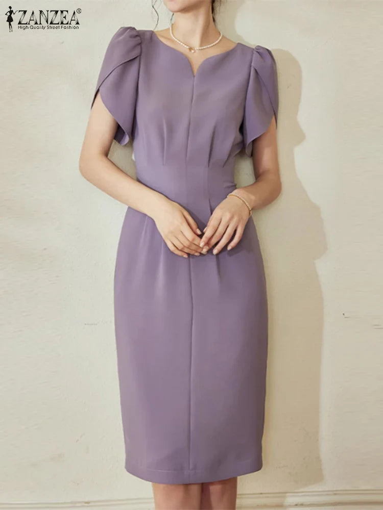Solid Color Midi Dress With V Neck For Office Women