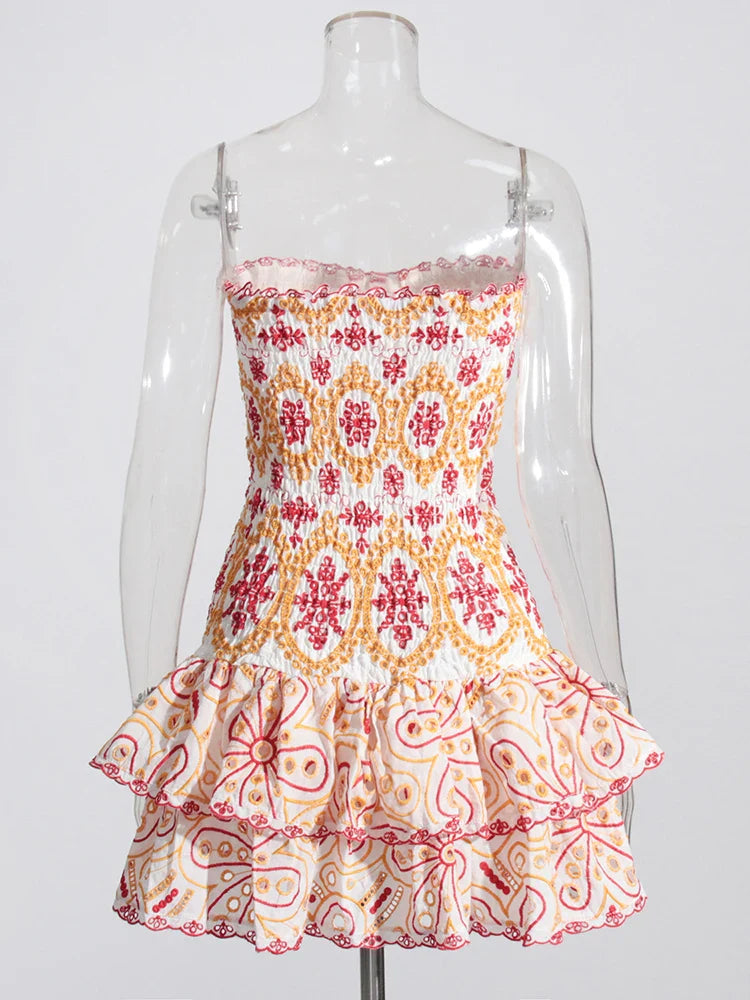 Embroidery Print Strapless Mini Dress Ruffled High Waist