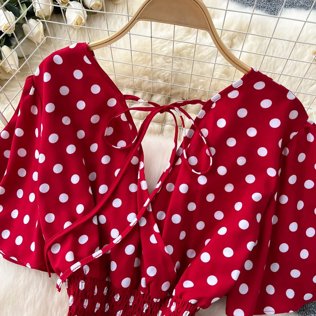 Elegant Polka Dot Romper for Women V-Neck Short Sleeve High Waist Wide Leg Jumpsuit Loose Fit Summer Playsuit