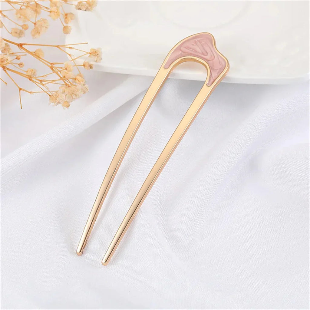Elegant U Shape Hair Stick for Women in Silver and Gold Color with Shell Enamel Design