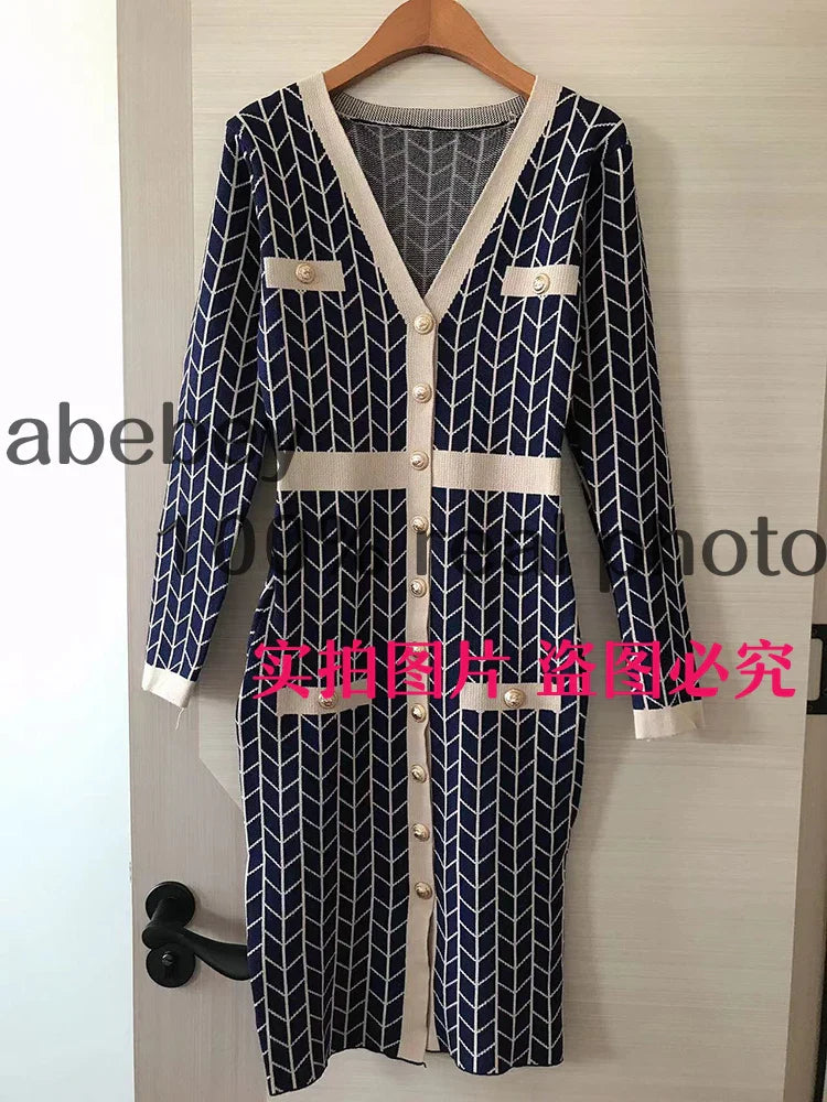 Autumn Plaid Knit Dress Women V Neck Elastic Waist Midi