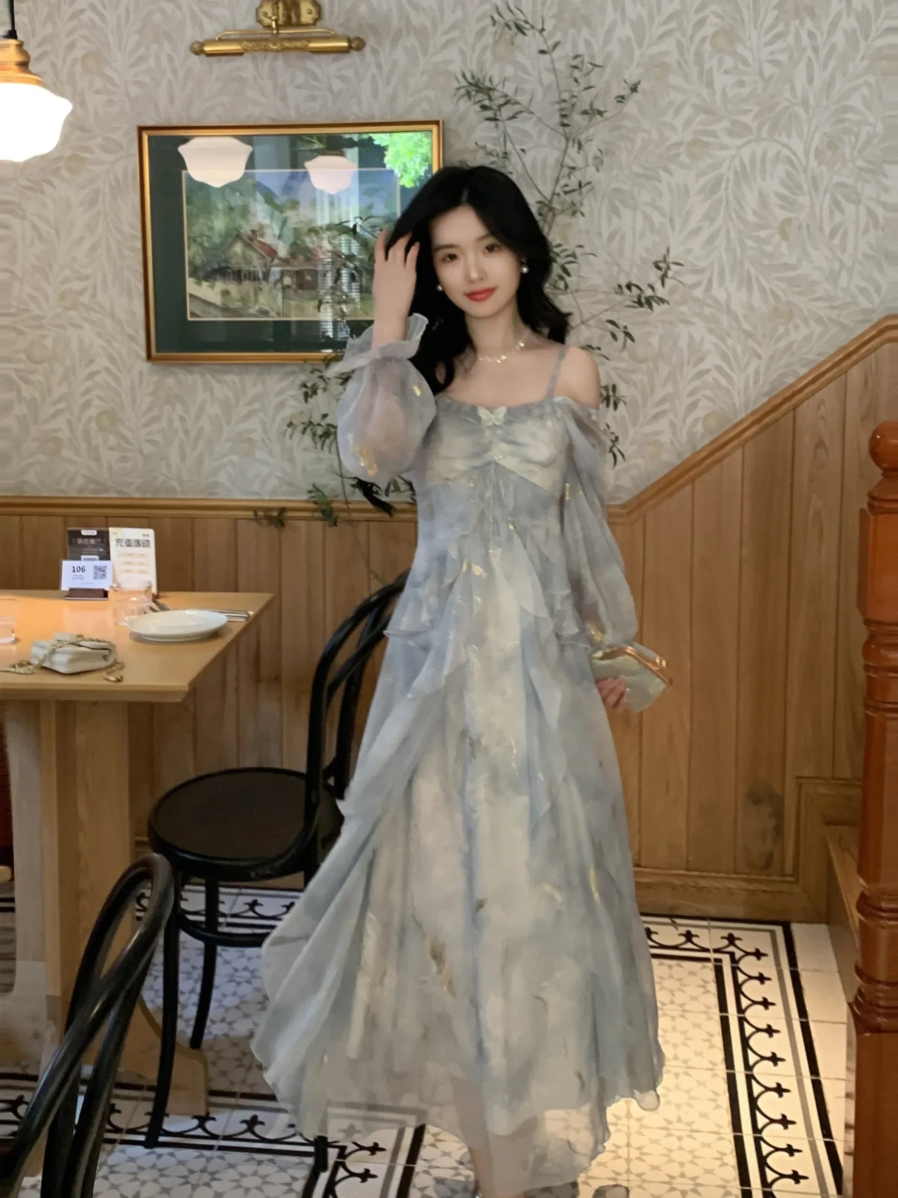 Off Shoulder Dress Ruffle A Line Long French Print