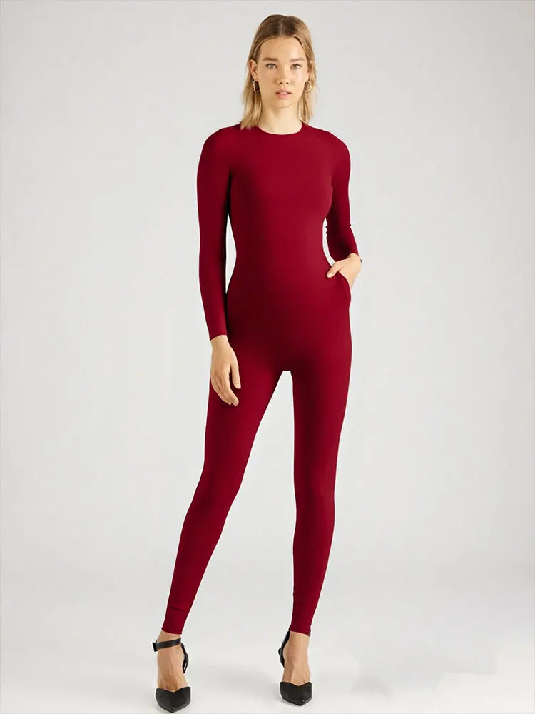 Autumn Red Long Sleeve Jumpsuit For Women Slim Fit O-Neck Bodycon Casual Sporty Streetwear Romper