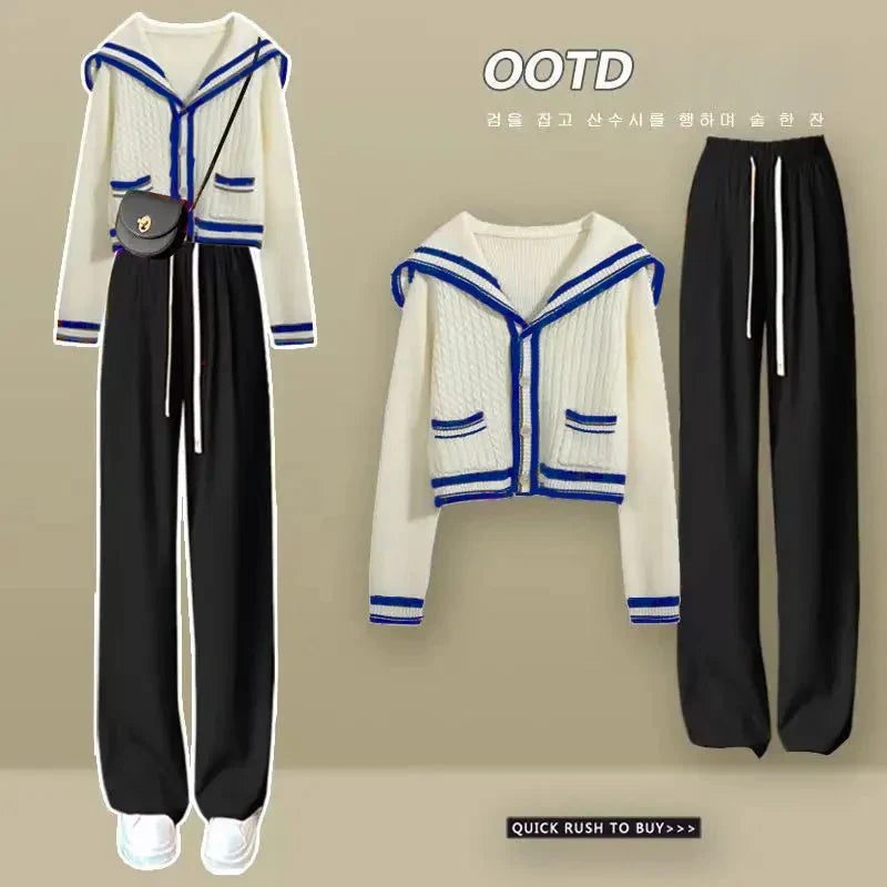 Preppy Style Knitted Two Piece Set with Sailor Collar Sweater and Elastic Pants for Women's Korean Sportswear