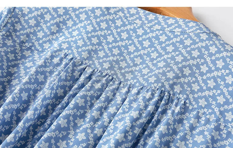 Silk Midi Dress For Women Blue Floral Ruffles V Neck