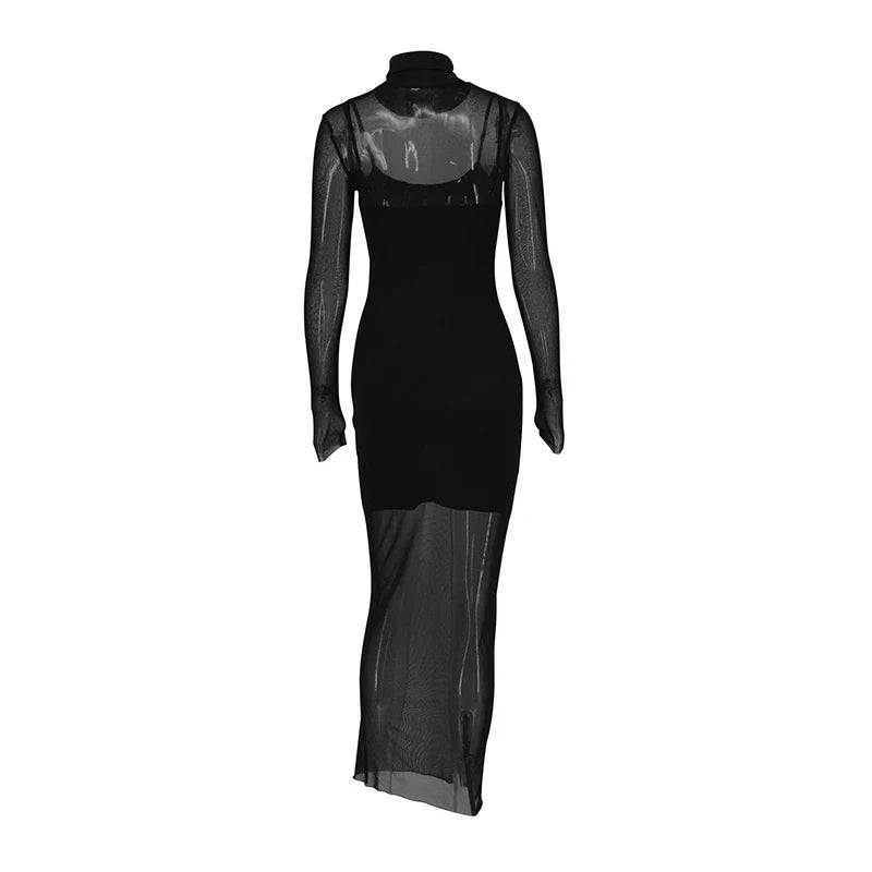 Sexy Mesh Sheer Maxi Dress Long Sleeve O Neck Women