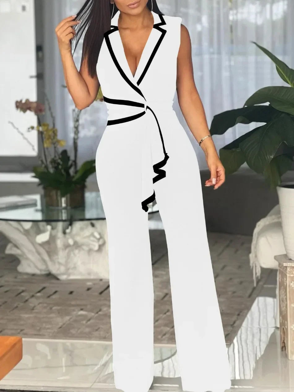 Women's Elegant Sleeveless V Neck Overalls Jumpsuit Full Length Wide Leg Pants Office Casual Summer Outfit