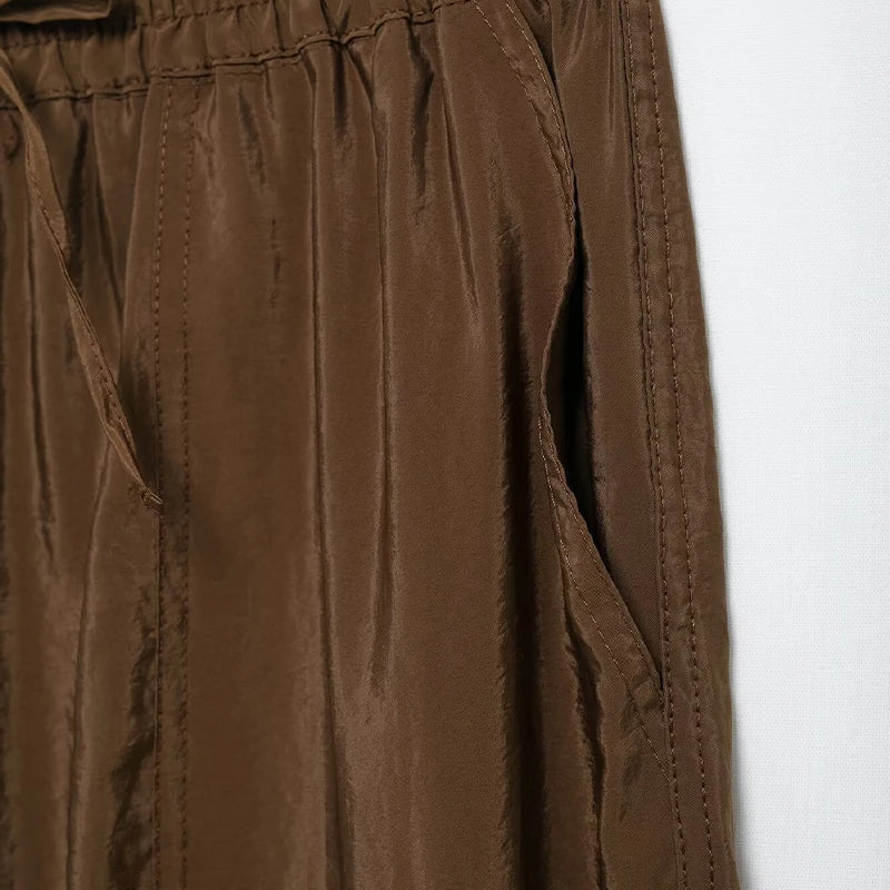 Chic Women's Brown Two Piece Set with Single Breasted Shirt and Vintage Elastic Waist Trousers