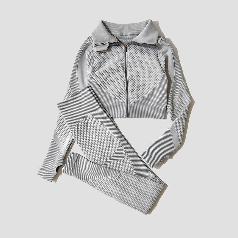 Seamless Women Yoga Suit with High Waist Leggings and Long Sleeve Crop Top Fitness Set