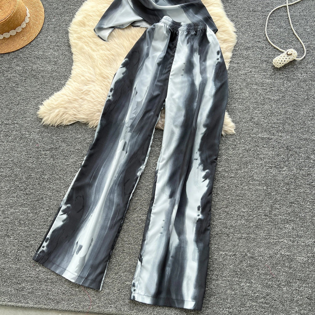 Printed Women Summer Fashion Two Piece Set with Short Sleeve Top and Wide Leg Long Pants for Casual Streetwear Outfits