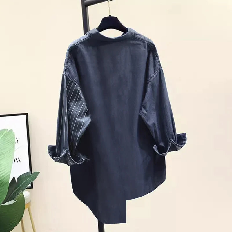 Women's Striped Patchwork Long Sleeve Shirt Casual Loose Blouse with Front Pocket and Shirt Collar Oversized Work and Everyday Wear Top