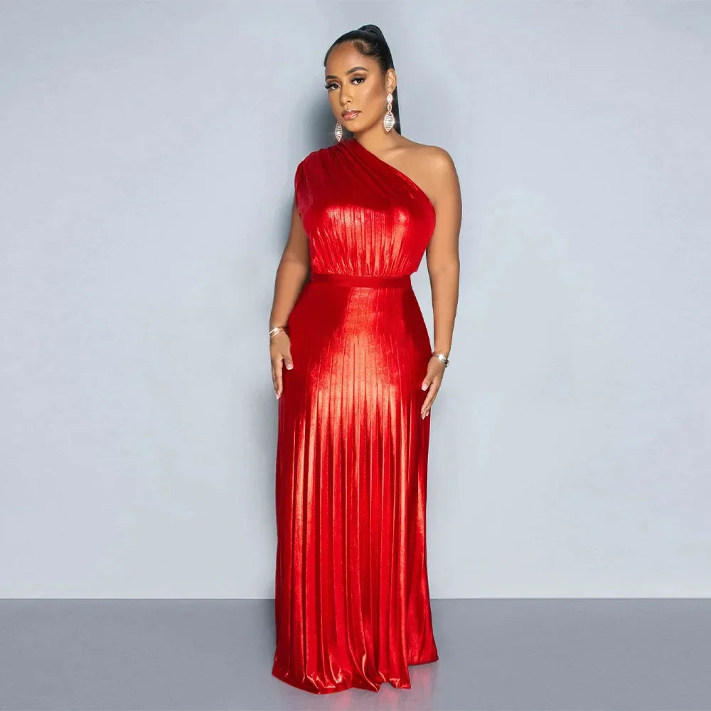 One Shoulder Metallic Pleated Maxi Dress Evening Gown