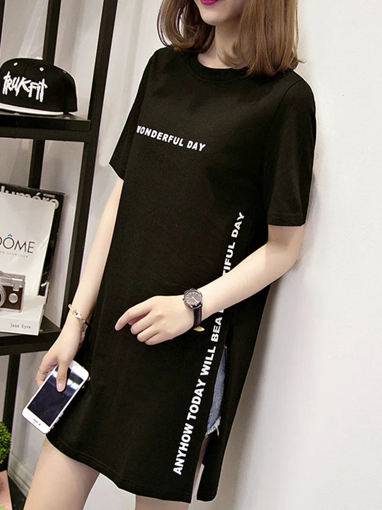 Summer Women Loose Fit T Shirt with Slit - Stylish Short Sleeve Top for Casual Wear