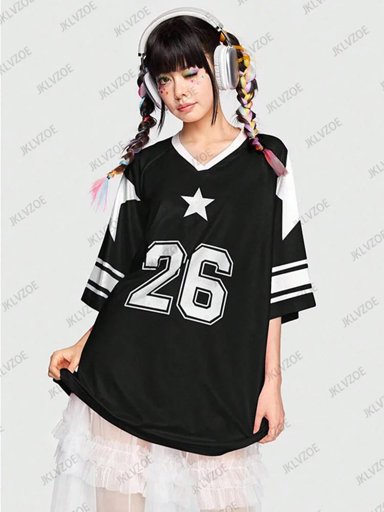 Oversized V-Neck T-Shirt For Women Casual Red Patchwork Short Sleeve Football Jersey Y2K Summer Tops