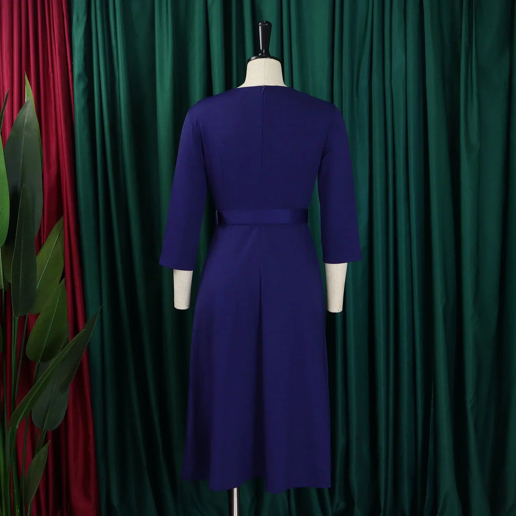 V Neck Office Dress For Women Belted Pleated Mid Calf