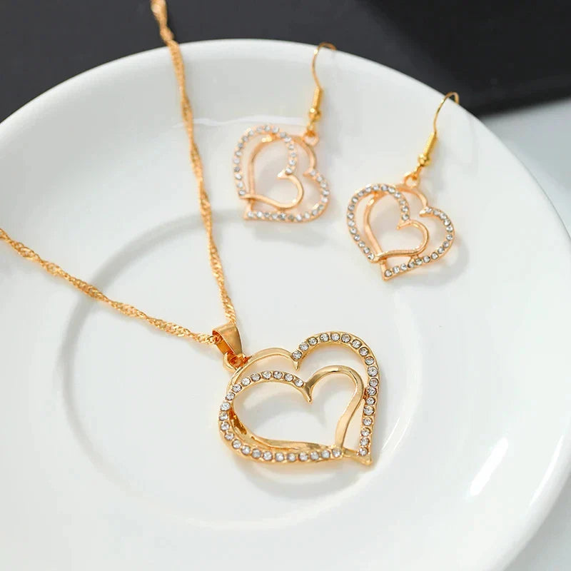 Heart Shaped Jewelry Set With Earrings Pendant Necklace for Women Exquisite Rhinestone Double Heart Design