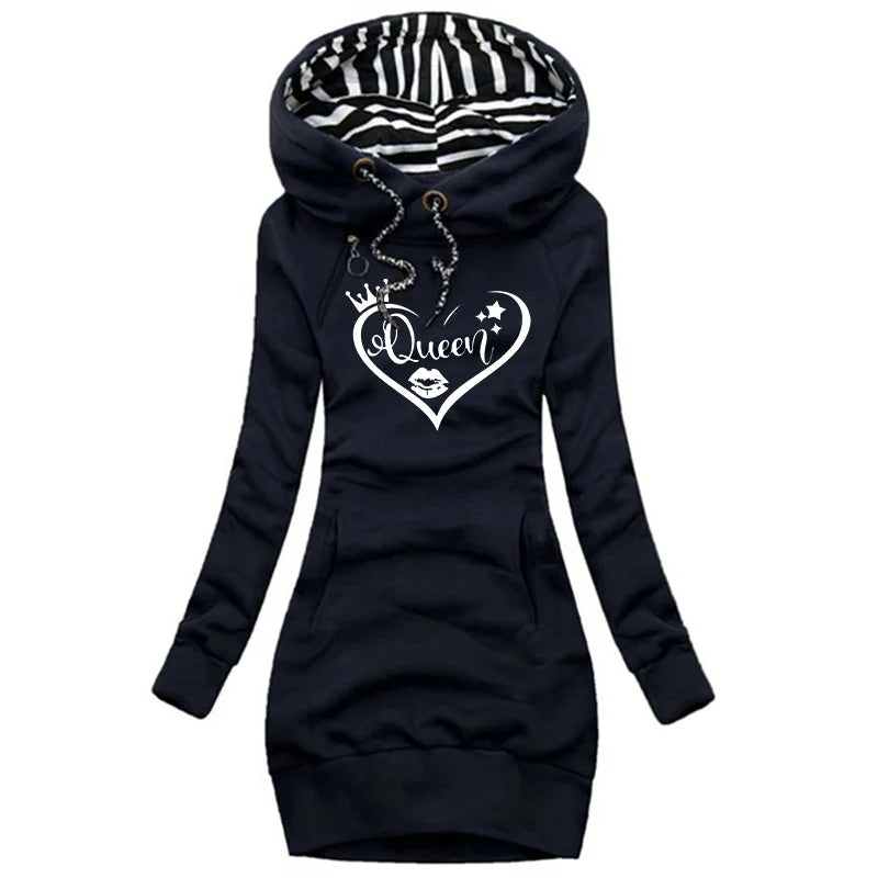 Queen Printed Hoodie Sweater Dress For Women Long Sleeve