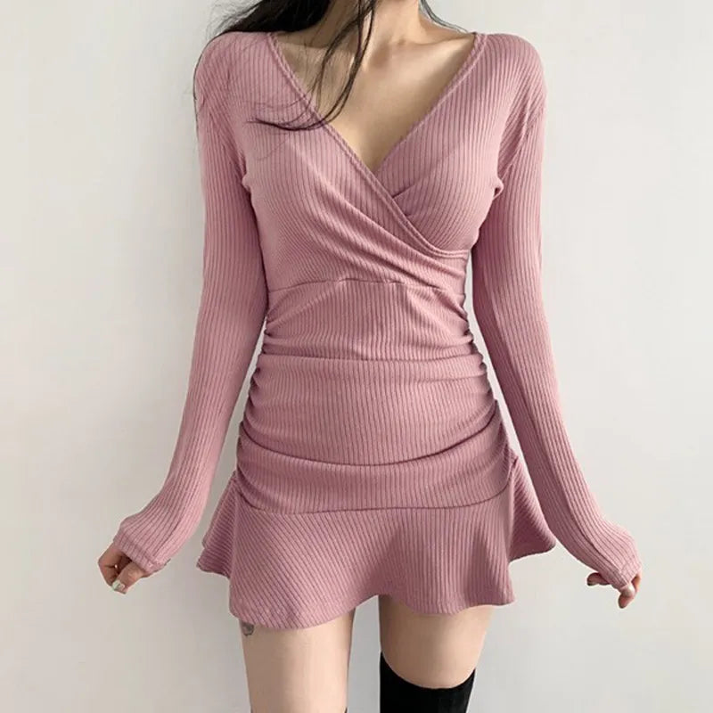 Womens V Neck Long Sleeve Slim Fit Dress With Ruffle Edge