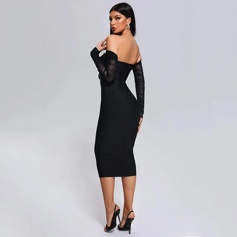 Off Shoulder Bandage Dress Women Lace Mesh Belt Midi Party