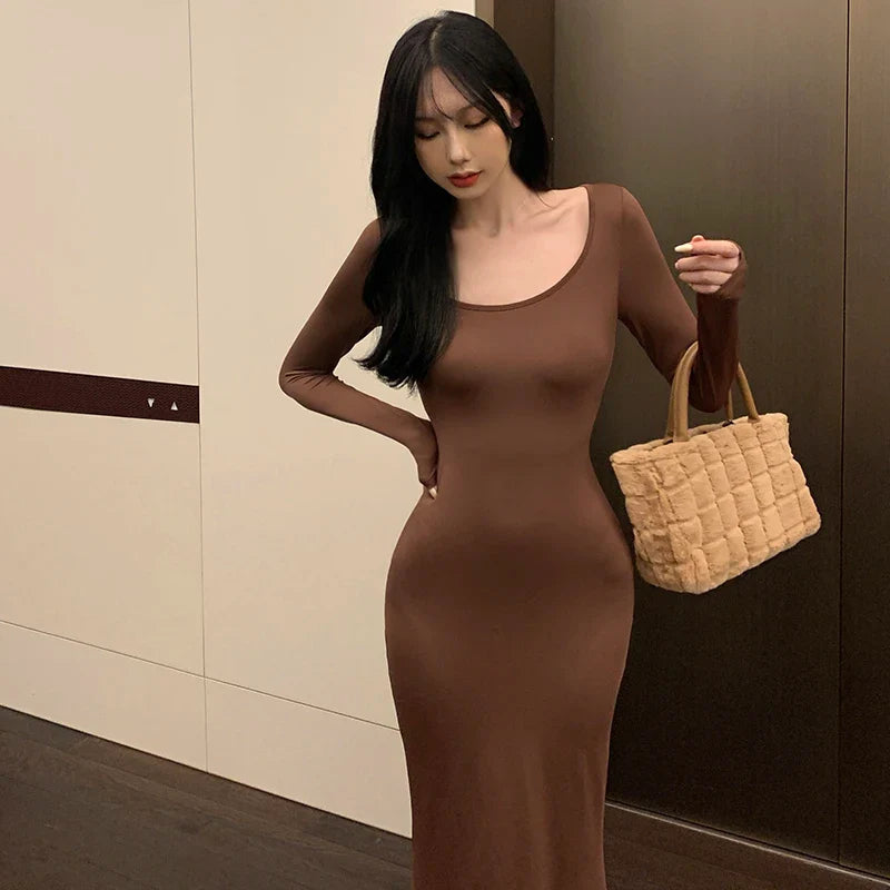 Korean Style Square Neck Wrap Dress With Fishtail Hem