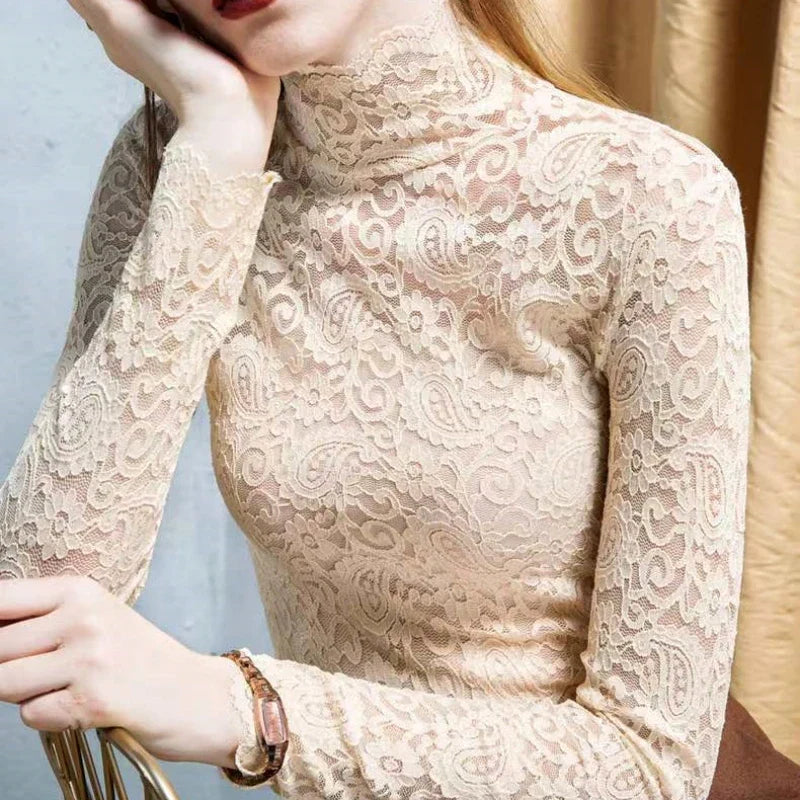 Winter High Neck Long Sleeve Fleece Lace Women T-Shirt Elegant Trendy Top