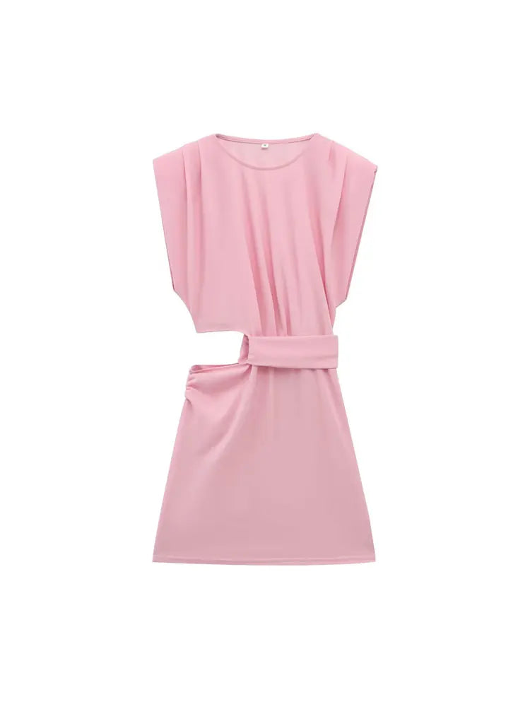 Hollow Out Draped Mini Dress O Neck Sleeveless Women