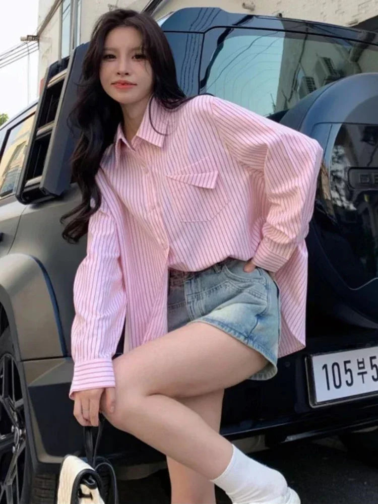 Loose Blue Striped Long Sleeve Blouse with Pocket Casual Versatile Shirt for Women