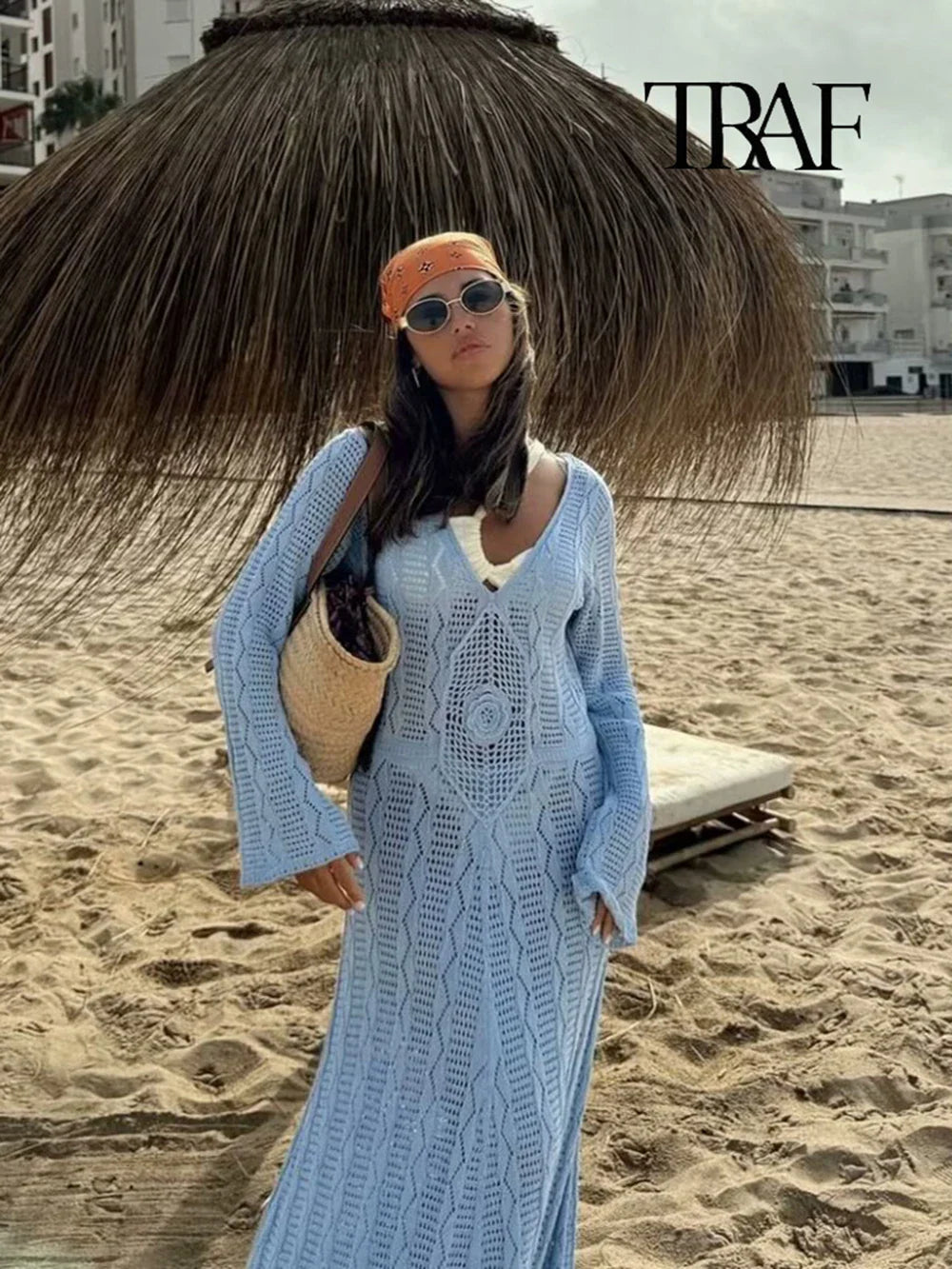Blue Knit Beach Maxi Dress V Neck Long Sleeve Sheer