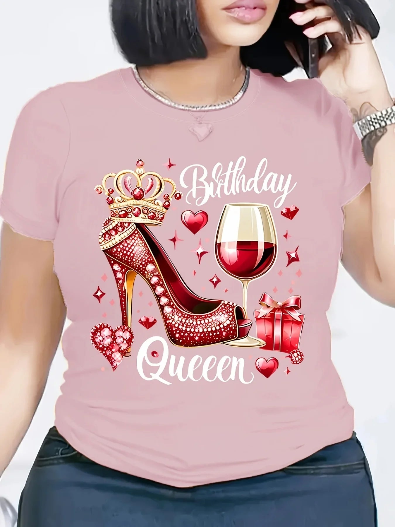 Red Birthday Queen T-Shirt with High Heels and Crown Wine Glass Pattern Casual Short Sleeve Round Neck Design