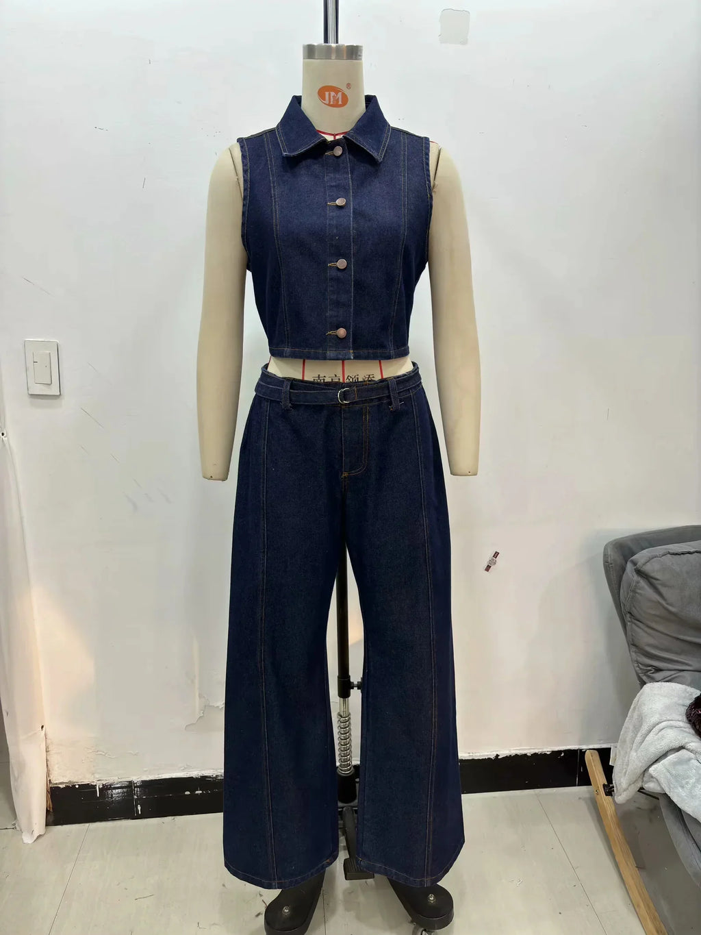 Women's Vintage Denim Streetwear Suit with Sleeveless Vest and Flare Pants