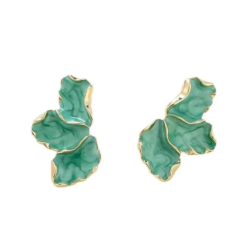 Metal Flower Epoxy Stud Earrings for Women with Gold Color Plating and Irregular Design